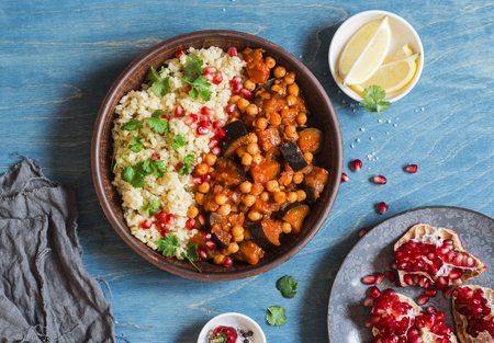 Eggplant chickpea stew and  bulgur. Top view, flat lay. Vegetarian foodの写真素材