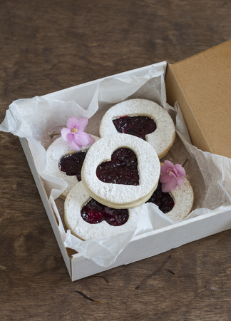 Box of homemade cookies-hearts with jam. Valentine's Day giftの写真素材