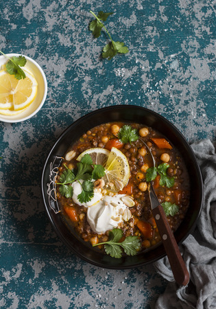 Moroccan lentil and chickpea soup. Vegetarian healthy food concept. Top viewの写真素材