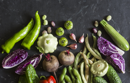 Freshness garden vegetables food background. Red cabbage, zucchini, peppers, beets, beans, squashes, garlic on dark background, top view. Flat layの写真素材