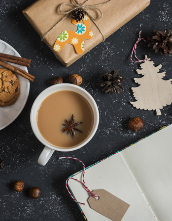 Masala tea and Christmas decorations, gifts and cookies. Christmas backgroundの写真素材