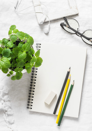 Blank sketchbook, colored pencils, wooden frame, glasses, earphones and melissa flower pot on light background, top view. Cozy still life. Flat layの写真素材