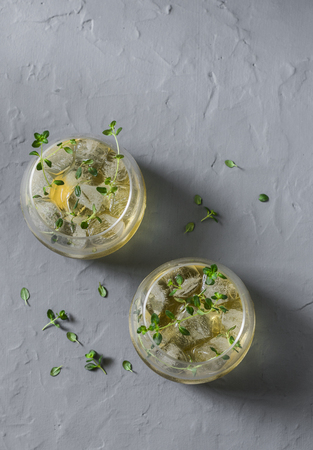 Combucha ice tea on a gray background, top view. Healthy super food vegetarian drinkの写真素材