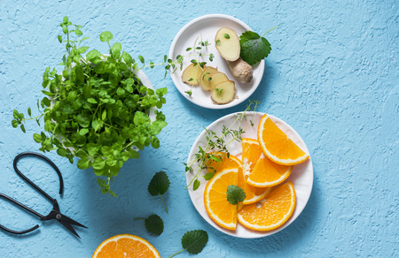 Ingredients for summer cold drink - orange slices, ginger, mint. Lemonade ingredients on blue background, top viewの写真素材
