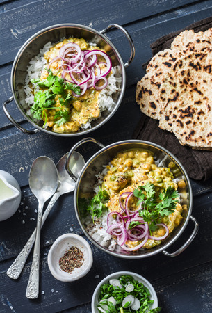 Indian dhal with jasmine rice, marinated red onion, coriander and whole grain flatbread on dark background, top view. Flat layの写真素材