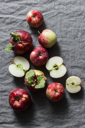 Fresh ripe red apples on grey background, top view. Flat lay, copy spaceの写真素材