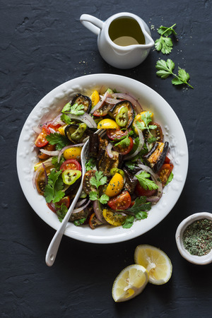 Roasted eggplant, sweet tomato and cilantro mediterranean style salad on dark background, top view. Vegetarian food concept. Copy spaceの写真素材