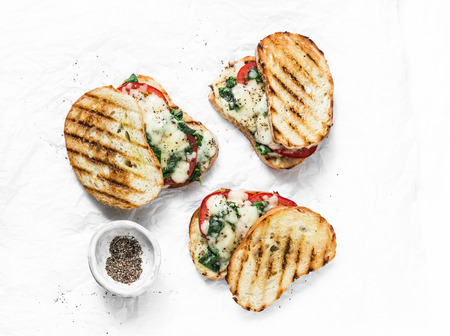 Hot grilled tomatoes, spinach and mozzarella sandwiches - healthy breakfast, snack, tapas, appetizers on a light background, top viewの写真素材