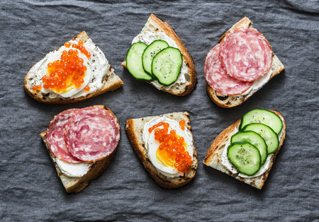 Appetizer sandwiches with red caviar, egg, sausage, cucumber and cream cheese on grey background, top viewの写真素材