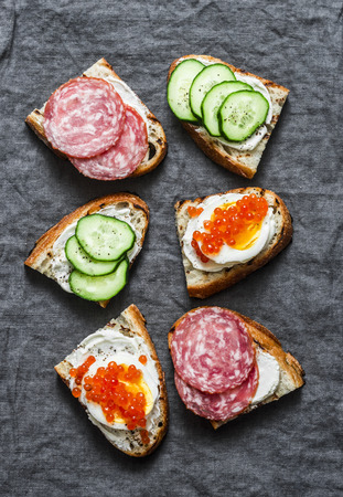 Appetizer sandwiches with red caviar, egg, sausage, cucumber and cream cheese on grey background, top viewの写真素材