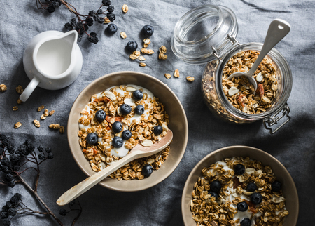 Homemade granola with greek yogurt and blueberries on a grey background, top view. Healthy energy breakfast or snack. Flat layの写真素材