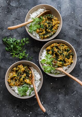 Burnt aubergine spinach vegetarian curry with rice on a dark background, top view. Indian cuisineの写真素材