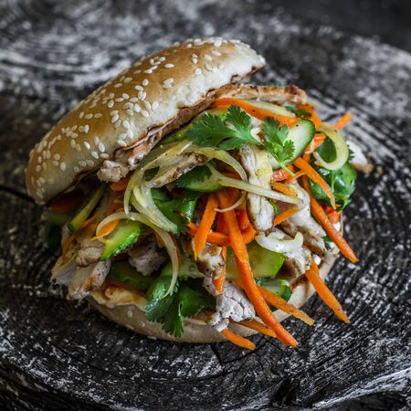 Spicy pork and pickled vegetables burger on dark backgroundの写真素材