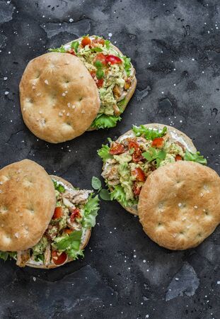 Focaccia sandwich with green salad, grilled chicken, avocado tomato salsa and yogurt sauce on dark background, top viewの写真素材