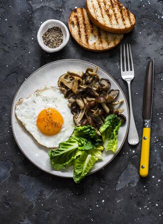 Healthy breakfast, brunch - fried egg, mixed mushrooms and green salad on a dark background, top viewの写真素材