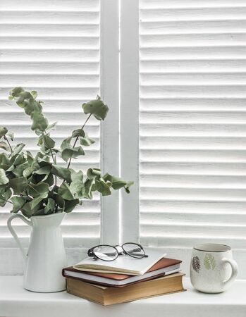 Stack of books,  notebook, glasses,  jug of dry eucalyptus branches on a light window with wooden rustic blinds. Cozy homeの写真素材