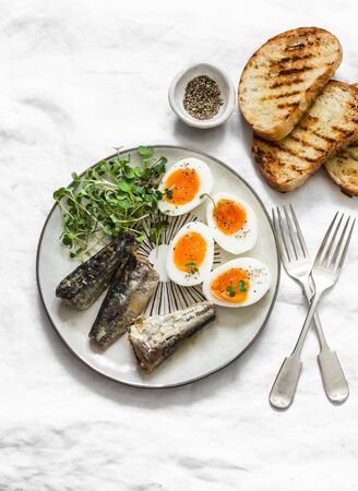 Grilled bread, sardines, boiled eggs, micro greens on a light background, top view. Delicious breakfast, tapas, appetizersの写真素材