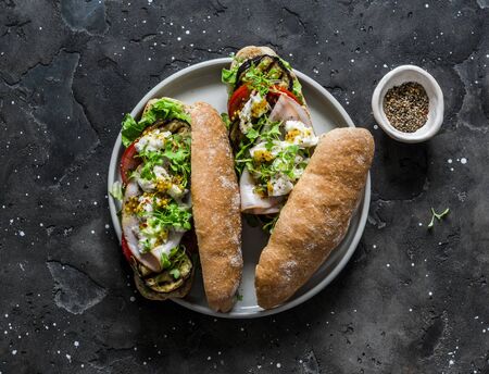 Wholegrain buns sandwiches with grilled eggplant, tomatoes, ham, mozzarella and micro-greens on a dark background, top view.の写真素材