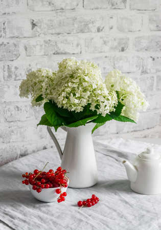 Bouquet of white hydrangeas, teapot, bowl of red currants on the table in a bright roomの写真素材
