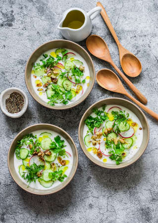 Greek yogurt cold soup with cucumber, radish, cilantro and nut on a gray background, top view. Flat layの写真素材