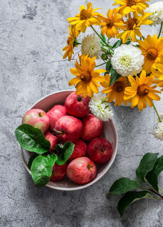 Fresh ripe apples in a bowl and a bouquet of dahlias on a gray background still life, top viewの写真素材