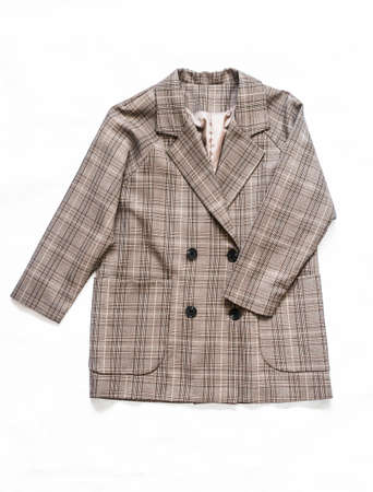 Women's plaid blazer on a light background, top viewの写真素材