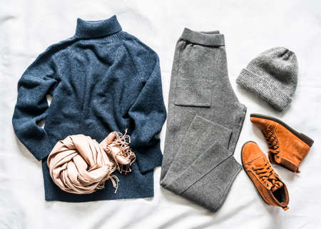 Women's clothing set autumn winter - cashmere blue sweater, knitted sporty pants, suede brown boots,...