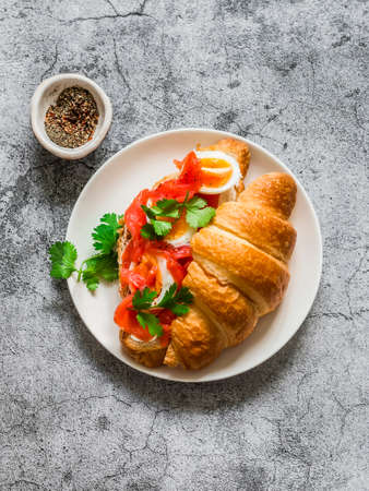 Delicious brunch, breakfast, snack - growing sandwich with cream cheese, salmon and boiled egg on a light background, top viewの写真素材