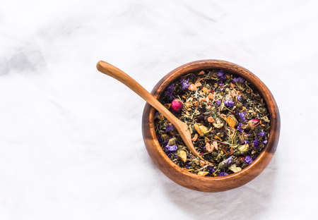 Tea flower herbal collection. Decaf dry tea collection on a light background, top viewの写真素材