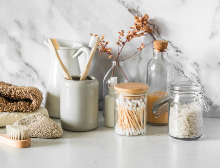Bathroom interior design. Natural products for skin care on the light background. Eco styleの写真素材