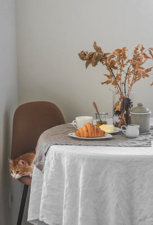 Served breakfast - croissant, coffee, butter, honey in a cozy kitchenの写真素材
