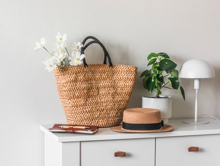 Straw basket, hat, table lamp, home flower on a white chest of drawers in a cozy bright roomの写真素材
