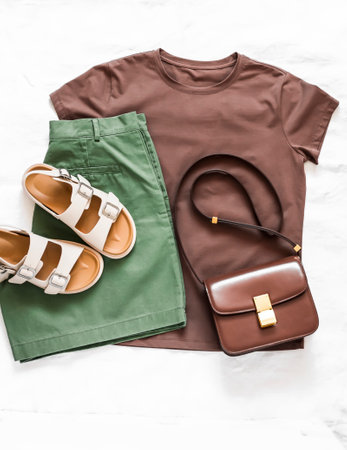 Brown t-shirt, green cotton bermudas, leather sandals, cross body bag - set of women's comfortable clothing for leisure, travel, city walksの写真素材