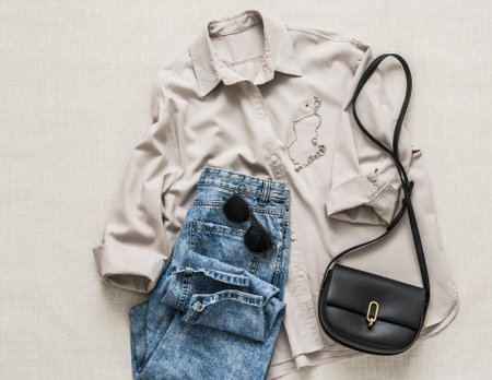 Women's comfort casual clothing - mom's blue jeans, cotton shirt, sunglasses, chain and cross body...