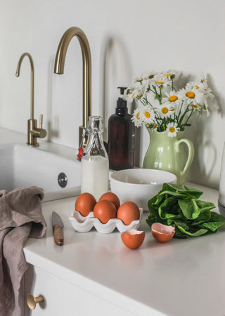 The morning routine is preparing breakfast. Eggs, milk, spinach on a white kitchen table, omelet...