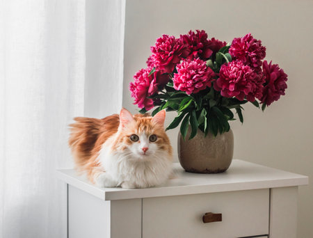 A beautiful red cat and a bouquet of red peonies in a ceramic vase on a white wooden chest of drawersの写真素材