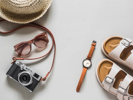 Women's accessories - comfortable sandals, straw hats, retro camera, sunglasses, wristwatch on a light gray background, top viewの写真素材