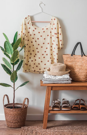 Cozy scandinavian style bedroom interior - a blouse on a hanger on the wall, an oak bench with a stack of clothes, a straw bag, shoes. Cozy home conceptの写真素材