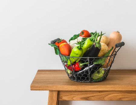 A basket of vegetables - pumpkin, broccoli, cauliflower, tomatoes, potatoes, green beans - on a wooden table against a white wallの写真素材