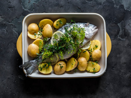 Fresh raw dorada with lemon, fennel, thyme and potatoes in a baking dish on a dark background, top view. Cooking delicious foodの写真素材
