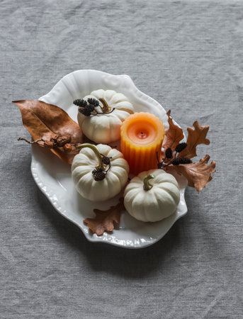 Autumn decor for the table, serving, interior - decorative small pumpkins, leaves, cones, candle in a vintage plateの写真素材