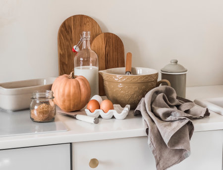 Preparation of seasonal autumn pumpkin pastries. Ingredients, dishes in retro style in a bright cozy...