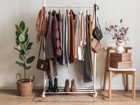 Cozy dressing room. Floor hanger with women's seasonal autumn winter clothes. Coats, pullovers, jackets, shirts, shoes - comfortable casual women's clothingの写真素材