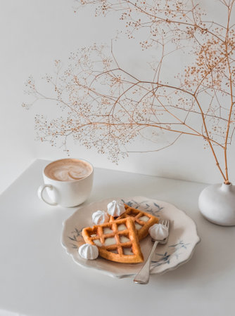 Cozy coffee break - cappuccino and waffles with condensed milk and meringue on a light background