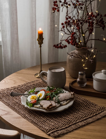 Cozy breakfast, snack - boiled egg, turkey sandwiches, salad on a round table with decorの写真素材