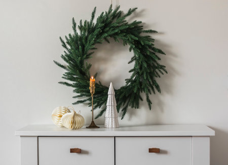 Christmas decor of the living room - a Christmas tree wreath on the wall, a brass candlestick with a burning candle, Christmas paper toys on a white chest of drawersの写真素材