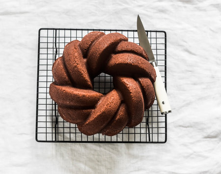Classic chocolate pound cake on a baking rack on a white background, top viewの写真素材