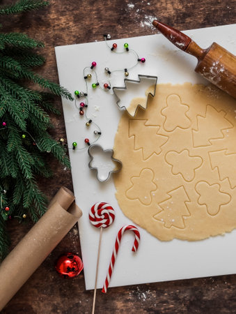 Christmas baking background. Cooking Christmas cookies on a light background, top view. Christmas decor on a wooden backgroundの写真素材