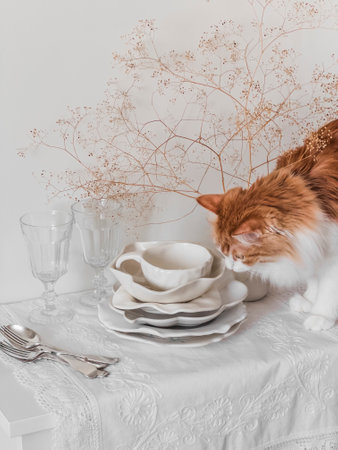 Beautiful retro ceramic tableware and a curious red cat on a white chest of drawersの写真素材