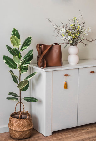 A brown leather tote bag, a vase with flowers on a white chest of drawers, a ficus in a basket in the hallway interior. Cozy house conceptの写真素材